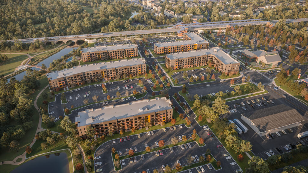 river station aerial render showing the full apartment development